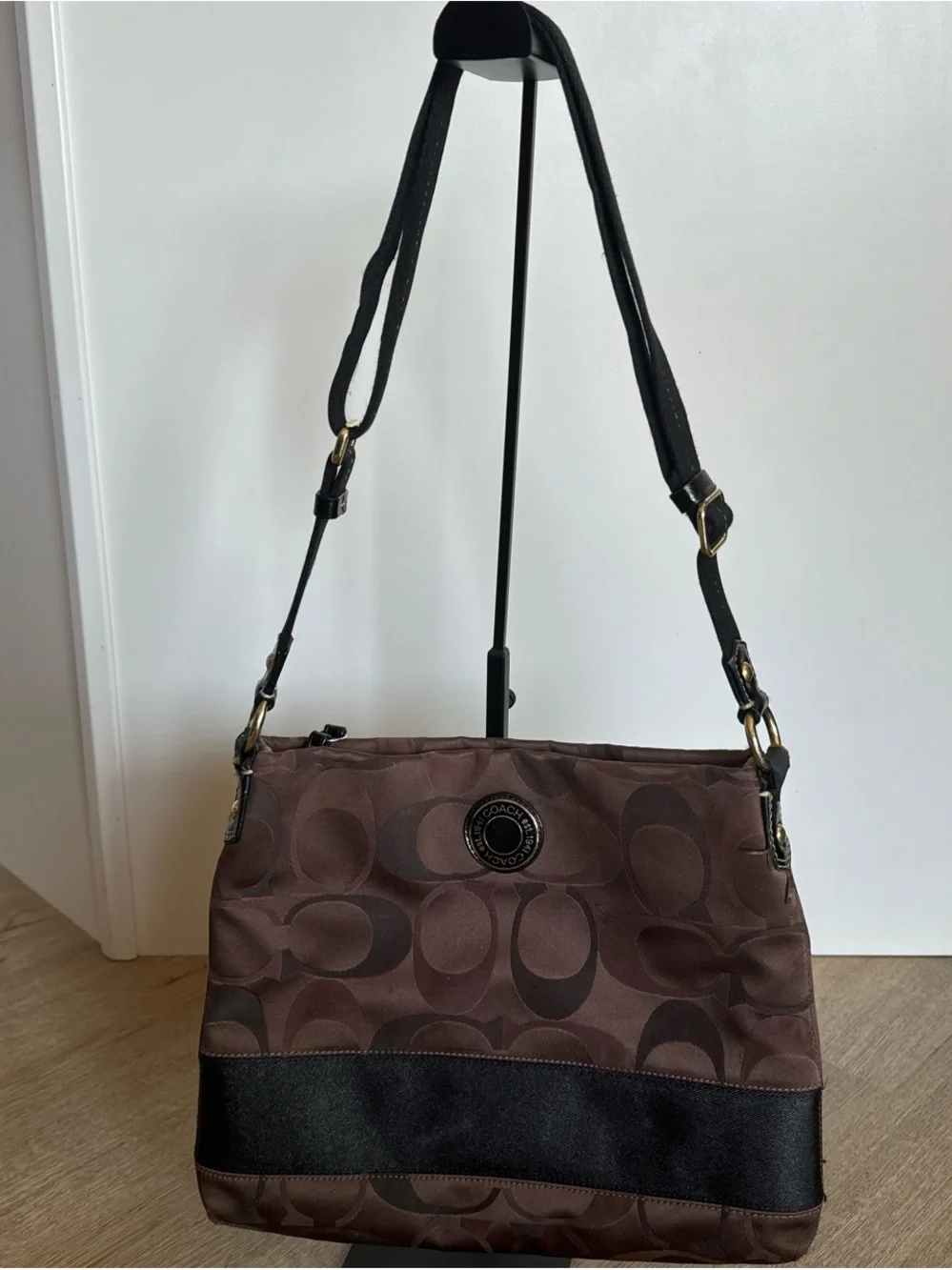 Coach Brown Signature Hobo with Black Trim and Gold-Tone Accent
